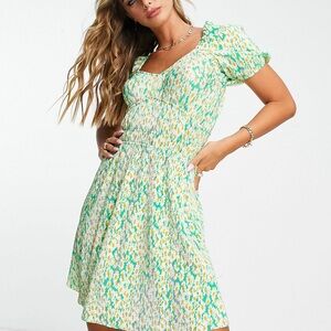 ASOS Green and Yellow Floral Square-Neck Smocked Dress